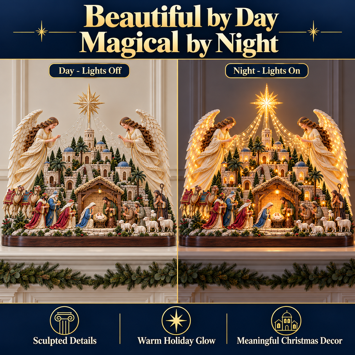 🎄✨ 3D Lighted Angel Nativity Centerpiece – Meaningful Christmas Mantel Decor✨