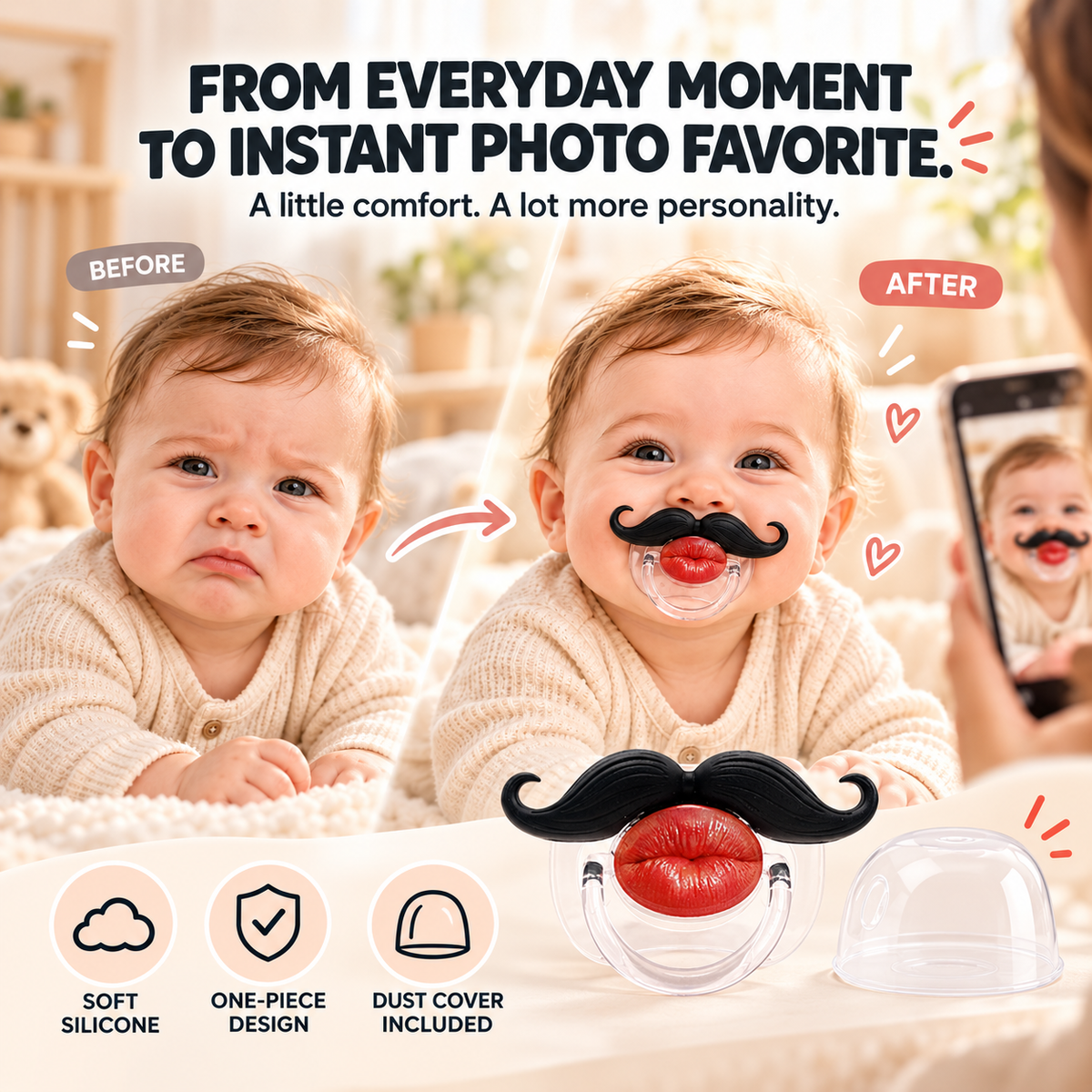 👄 Funny Red Lips Mustache Baby Pacifier – One-Piece Silicone Design with Dust Cover