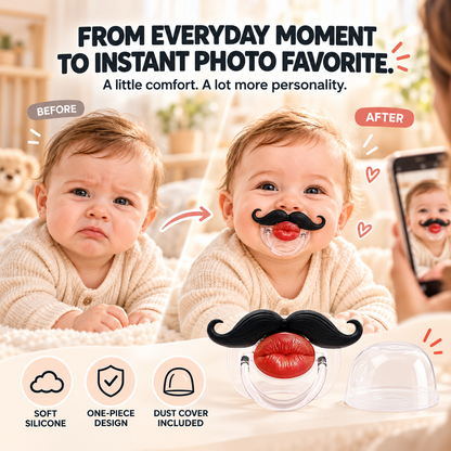 👄 Funny Red Lips Mustache Baby Pacifier – One-Piece Silicone Design with Dust Cover