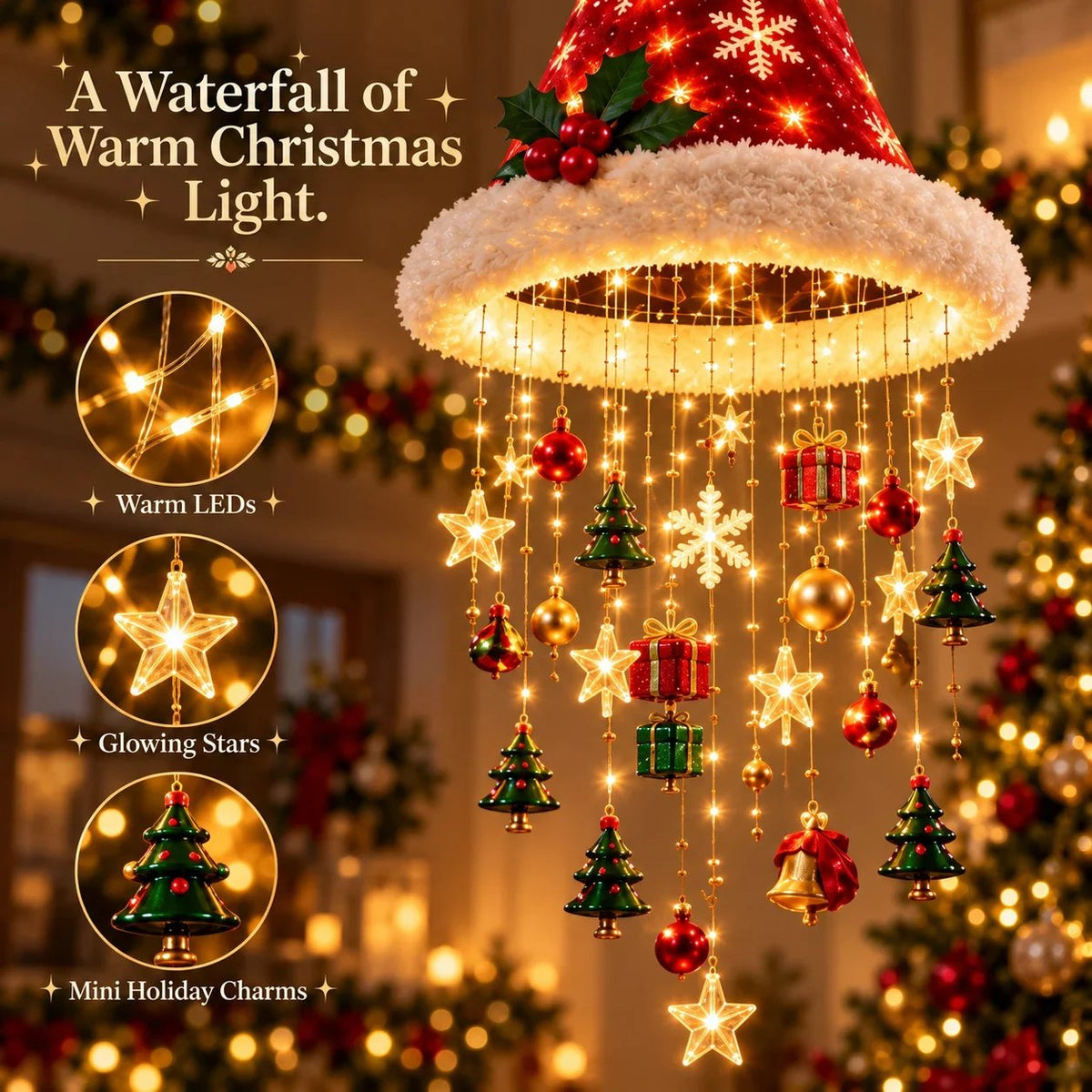 🎄🎅Santa Hat LED Hanging Light - A classic Santa hat raining warm fairy lights & Christmas charms