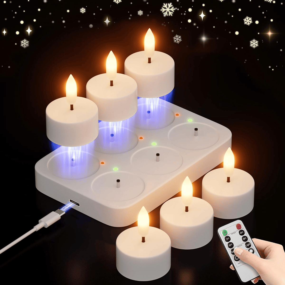 🕯️Rechargeable Flameless LED Tea Lights, Charging Station & Remote Included, Flickering Fake Candles, Safe No Flame Candle for Home, Wedding, Festival & Emergency Lighting