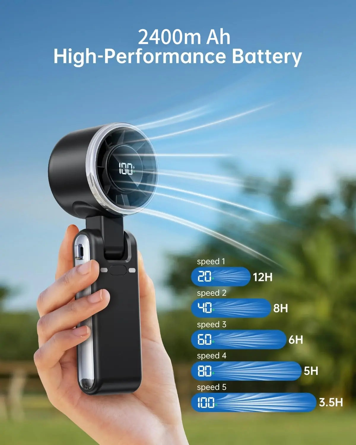 🔥Portable Handheld Turbo Fan, 5 Gear Wind, Battery Operated, Up to 12 Working Hours, 3 IN 1 Hand Fan for Outdoor Activities, Travel, Beach