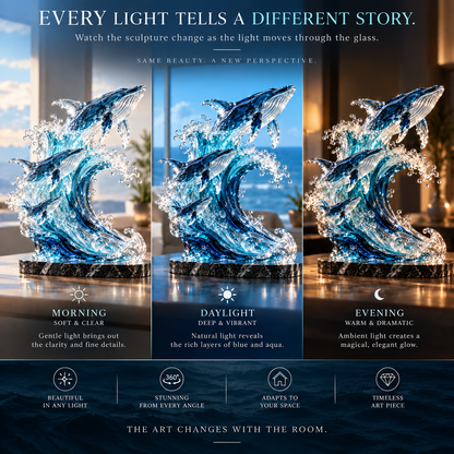 🐋🌊 Ocean Spirit Whale Sculpture – Three Whales Rising Through a Glass Wave