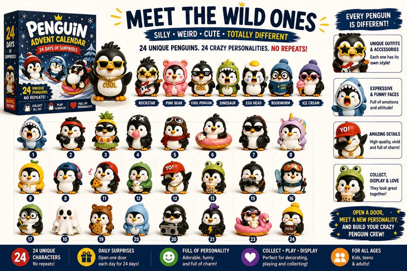 🐧 24 Days of Penguin Surprises Advent Calendar – 24 Unique Penguins, 3 Fun Editions