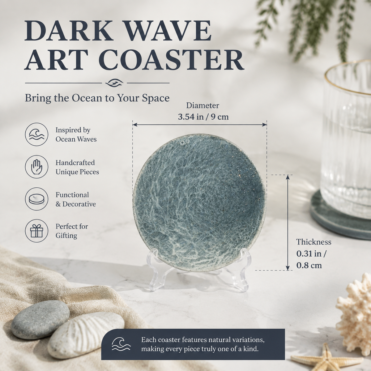 Handcrafted Dark Wave Ocean Art Coaster