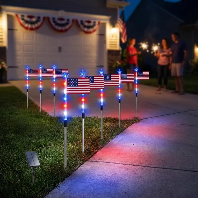 🔥8-Piece Flag Light Set – 4th of July Decorations with 8 Lighting Modes – Ideal for Independence Day Pathways, Gardens, and Yard Decor