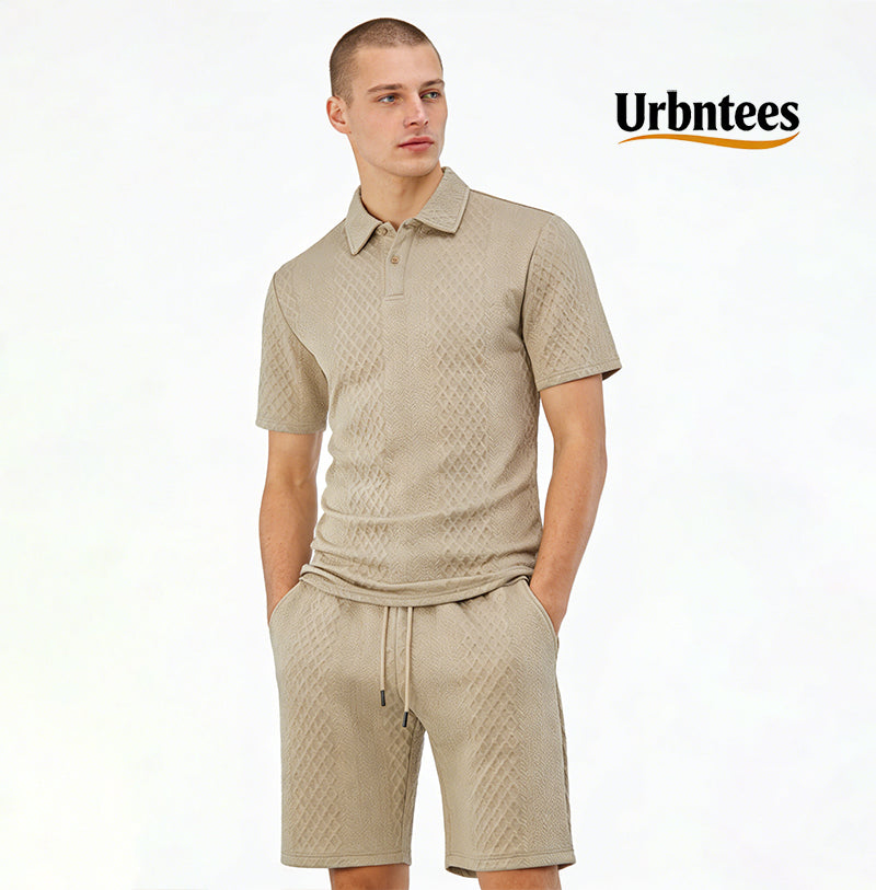 Men's Solid Polo Shirt & Drawstring Waist Shorts Set, Cozy Breathable Two-piece Outfits