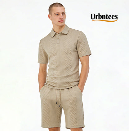 Men's Solid Polo Shirt & Drawstring Waist Shorts Set, Cozy Breathable Two-piece Outfits
