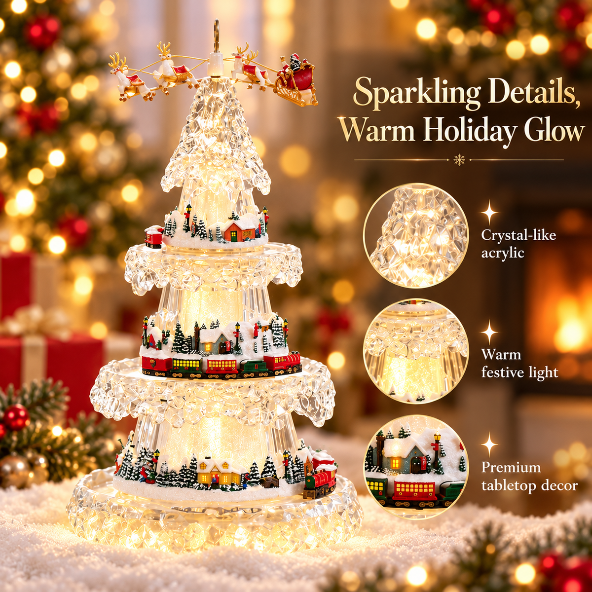 🎄 Musical Christmas Tree with Animated Train🚂 – Light-Up Acrylic Holiday Village Tabletop Decoration✨