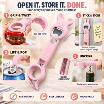 🔥🐰 6-in-1 Magnetic Rabbit Opener – Jar, Bottle, Can & Wine Opening Tool