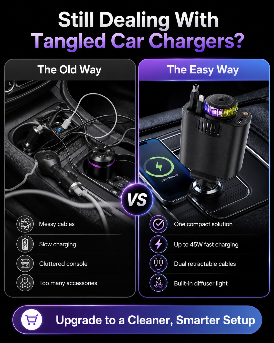 45W Retractable Car Charger | Dual Cable All-in-One Car Charger