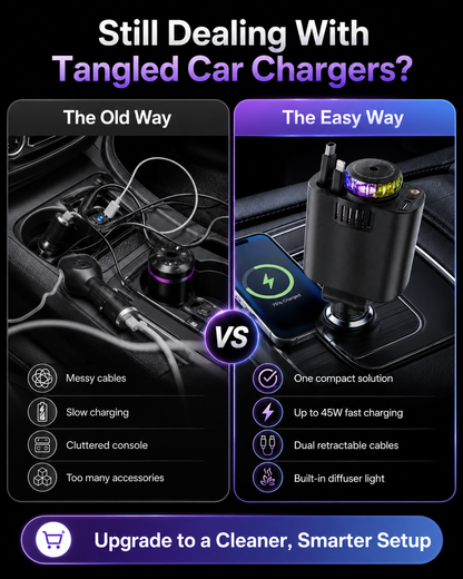 45W Retractable Car Charger | Dual Cable All-in-One Car Charger