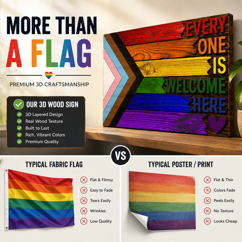 Everyone Is Welcome Here™ | Handmade 3D Progress Pride Flag Wood Sign