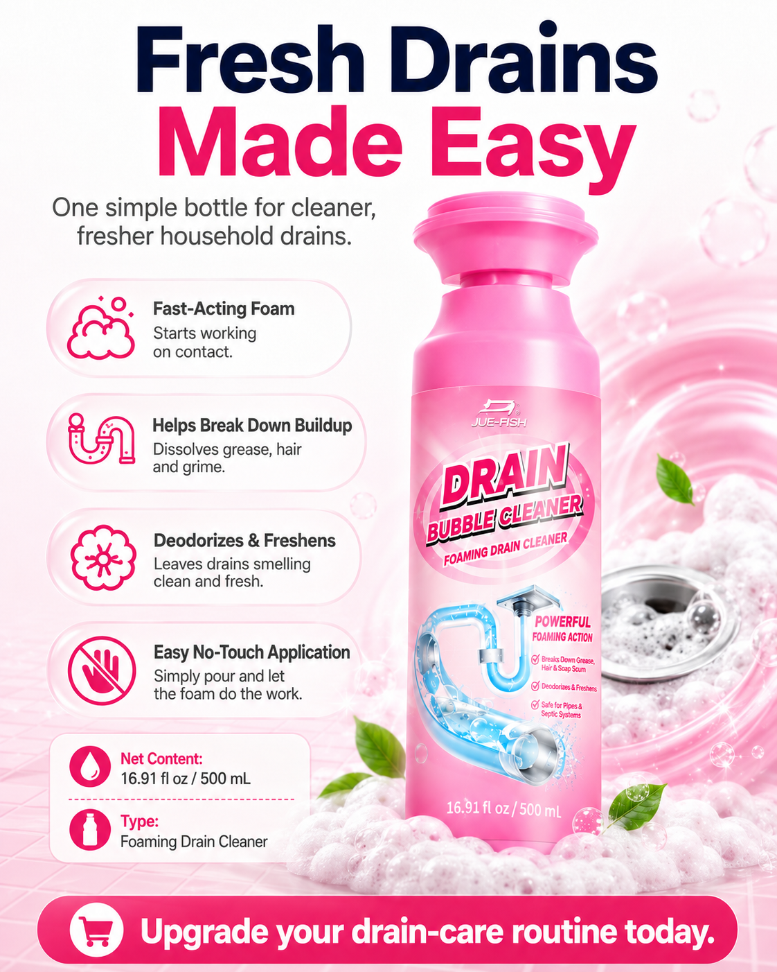 🫧 Foaming Drain Cleaner – Odor & Buildup Care | 500mL