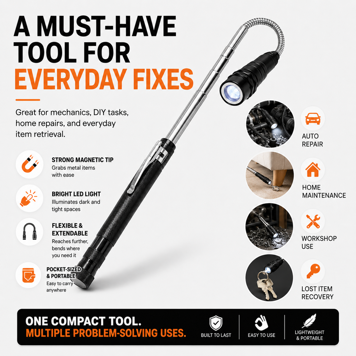 🧲💡 Telescoping Magnetic Pickup Tool with LED Light | Flexible Reach