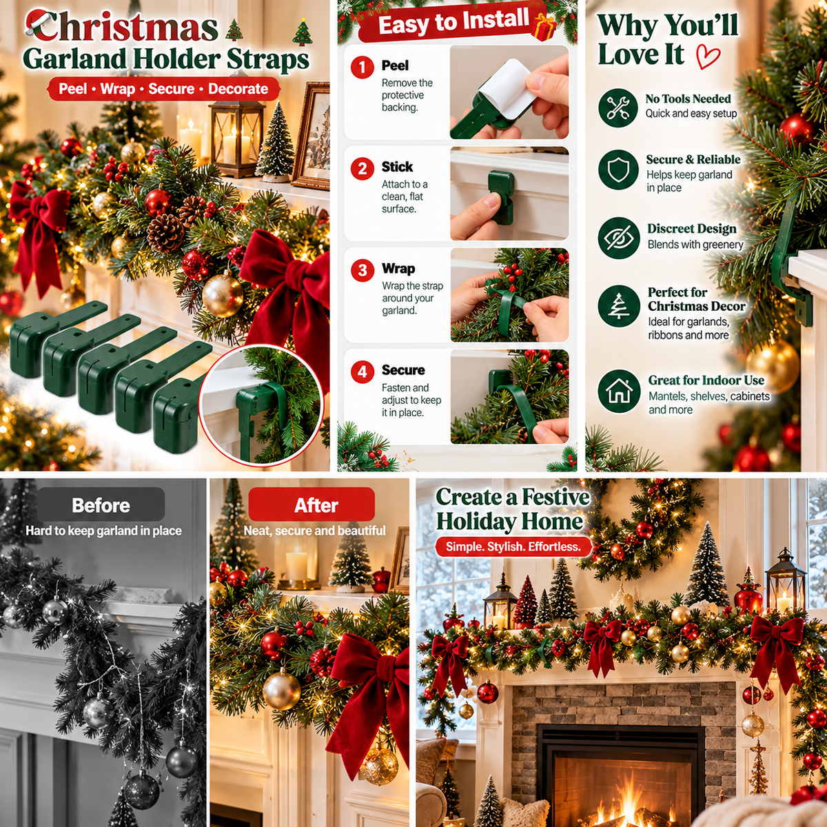 🎄 Christmas Garland Holder Straps – Peel, Wrap & Secure Holiday Greenery ✨