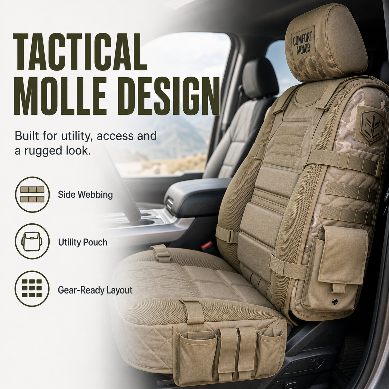 Rugged Truck Seat Cover -Tactical Storage, Seat Protection & All-Day Comfort