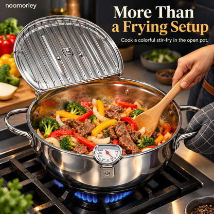 🍗 Deep Frying Pot with Thermometer & Lid Draining Rack – Dual-Handle Frying, Stir-Frying & Boiling Pot