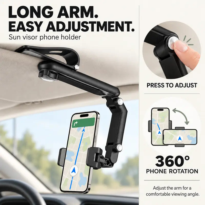 Foldable Car Phone Holder for Sun Visor, Adjustable Arm with 360° Phone Rotation, Spring Clip Mount for 4–6.5 Inch Smartphones, Black,toolupgrade