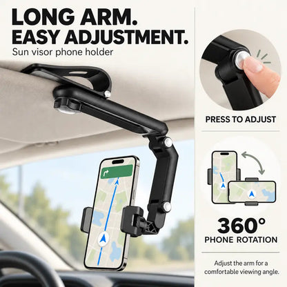 ✨Foldable Car Phone Holder for Sun Visor, Adjustable Arm with 360° Phone Rotation, Spring Clip Mount for 4–6.5 Inch Smartphones, Black,toolupgrade