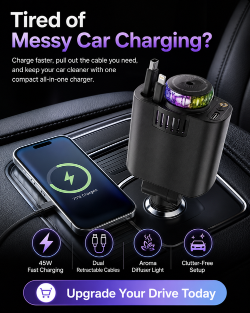 45W Retractable Car Charger | Dual Cable All-in-One Car Charger