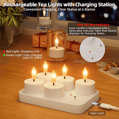 🕯️Rechargeable Flameless LED Tea Lights, Charging Station & Remote Included, Flickering Fake Candles, Safe No Flame Candle for Home, Wedding, Festival & Emergency Lighting