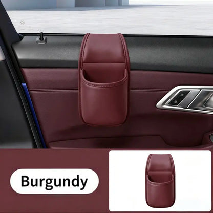 Leather car door storage pocket - double-layer compartments