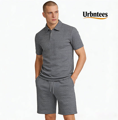 Men's Solid Polo Shirt & Drawstring Waist Shorts Set, Cozy Breathable Two-piece Outfits