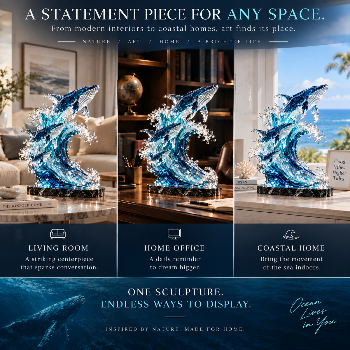 🐋🌊 Ocean Spirit Whale Sculpture – Three Whales Rising Through a Glass Wave