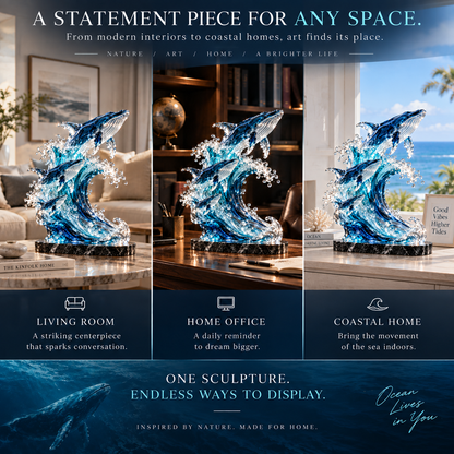🐋🌊 Ocean Spirit Whale Sculpture – Three Whales Rising Through a Glass Wave