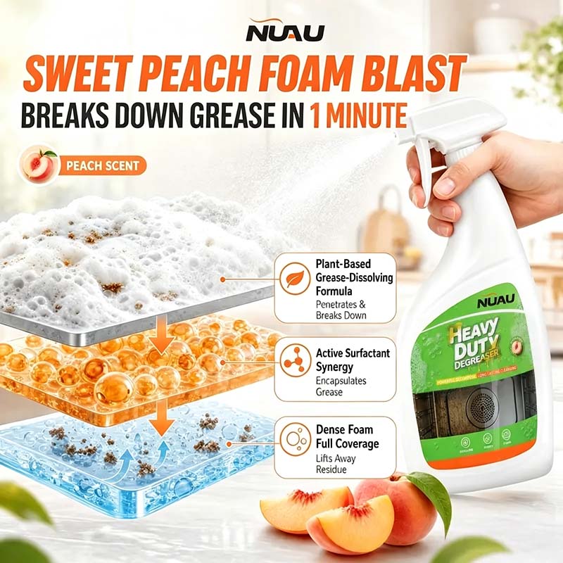 🍑 Heavy Duty Kitchen Degreaser Spray – Foaming Grease Cleaner with Fresh Peach Scent