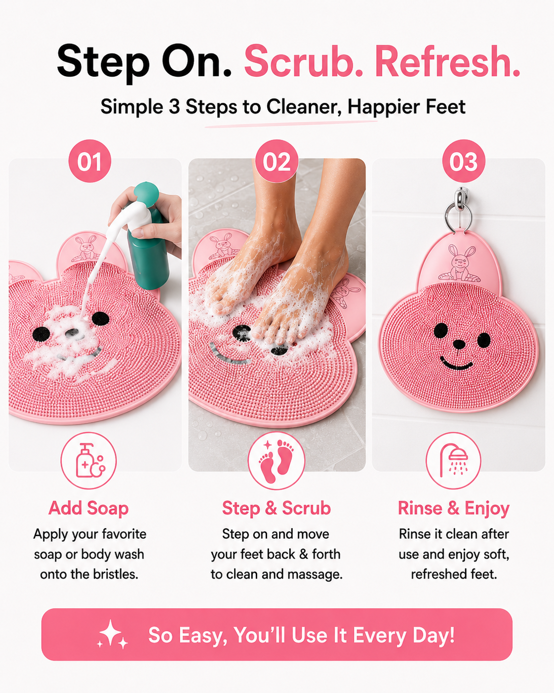 Hands-Free Foot Scrubber Bath Mat | Shower Foot Cleaning Mat