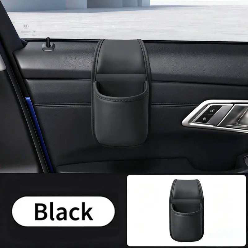 Leather car door storage pocket - double-layer compartments