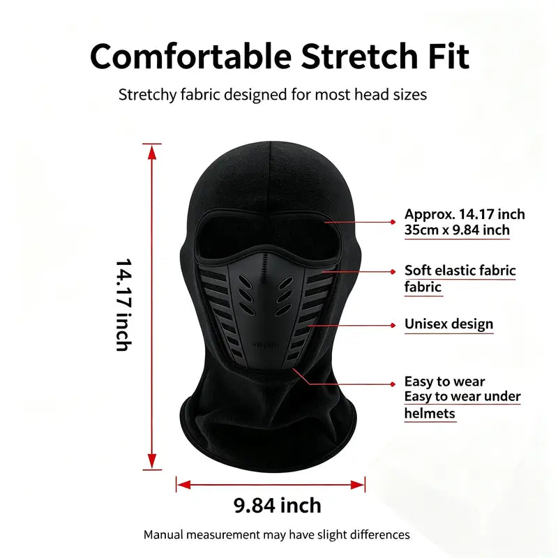 Full-face balaclava with approximate dimensions and fit details
