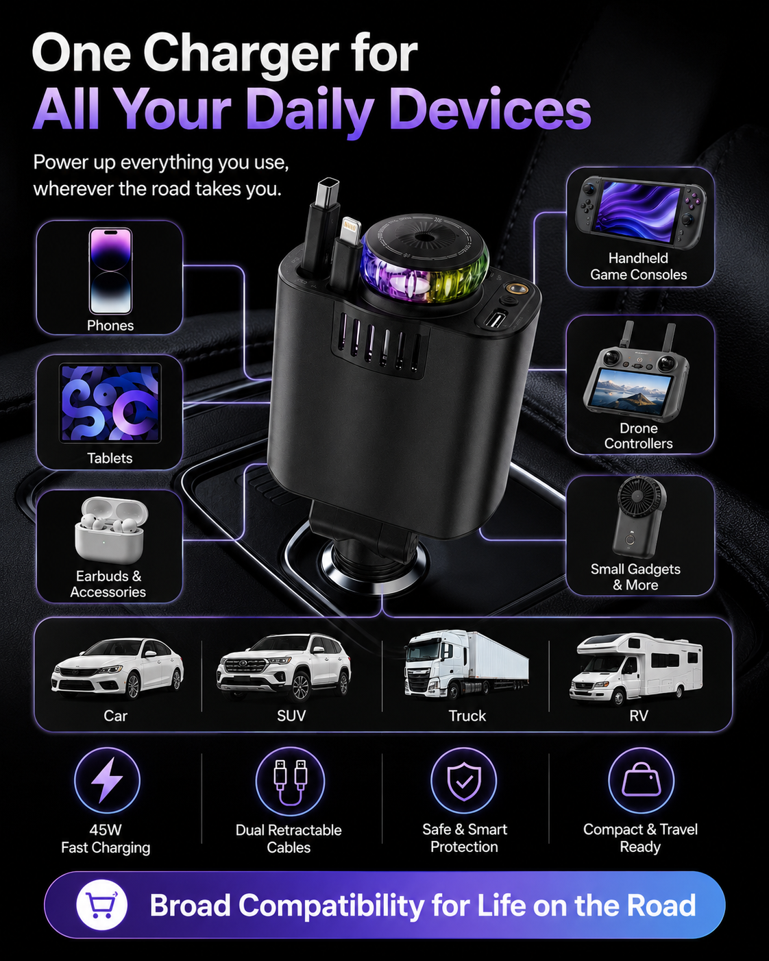 45W Retractable Car Charger | Dual Cable All-in-One Car Charger