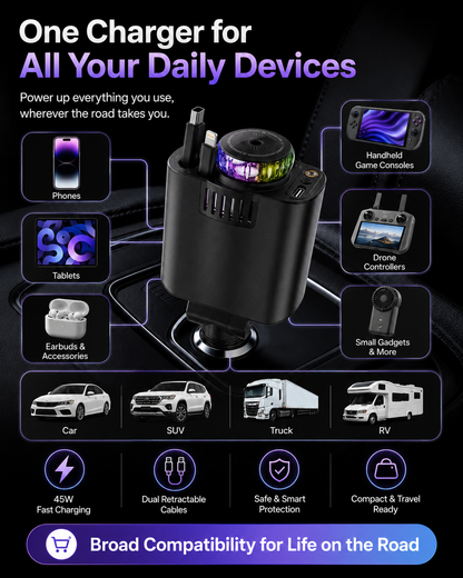 45W Retractable Car Charger | Dual Cable All-in-One Car Charger