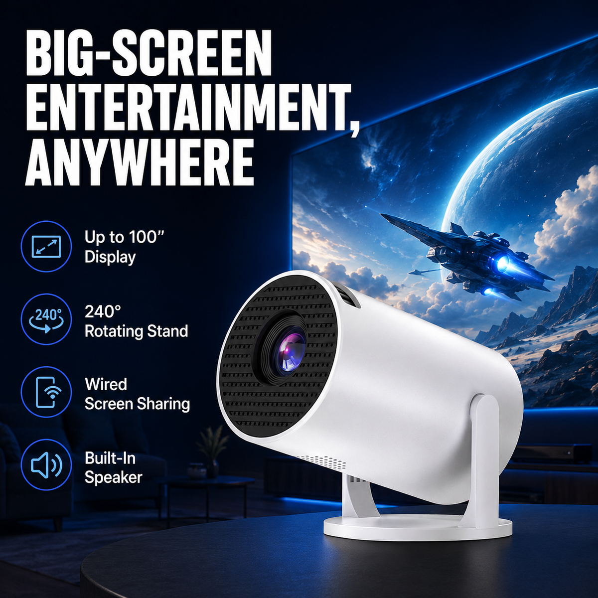 Smart Mini Projector – Native 1080P HD, 4K Supported, Portable Home Theater with WiFi & Bluetooth