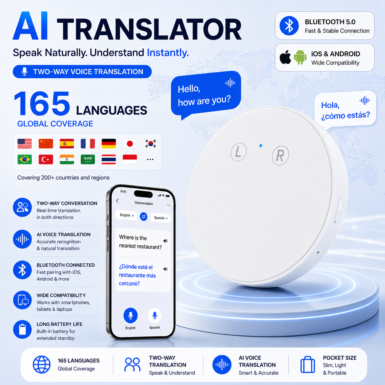 White AI pocket translator with phone app and supported languages