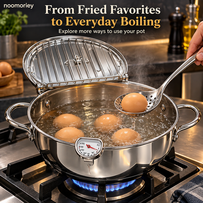 🍗 Deep Frying Pot with Thermometer & Lid Draining Rack – Dual-Handle Frying, Stir-Frying & Boiling Pot
