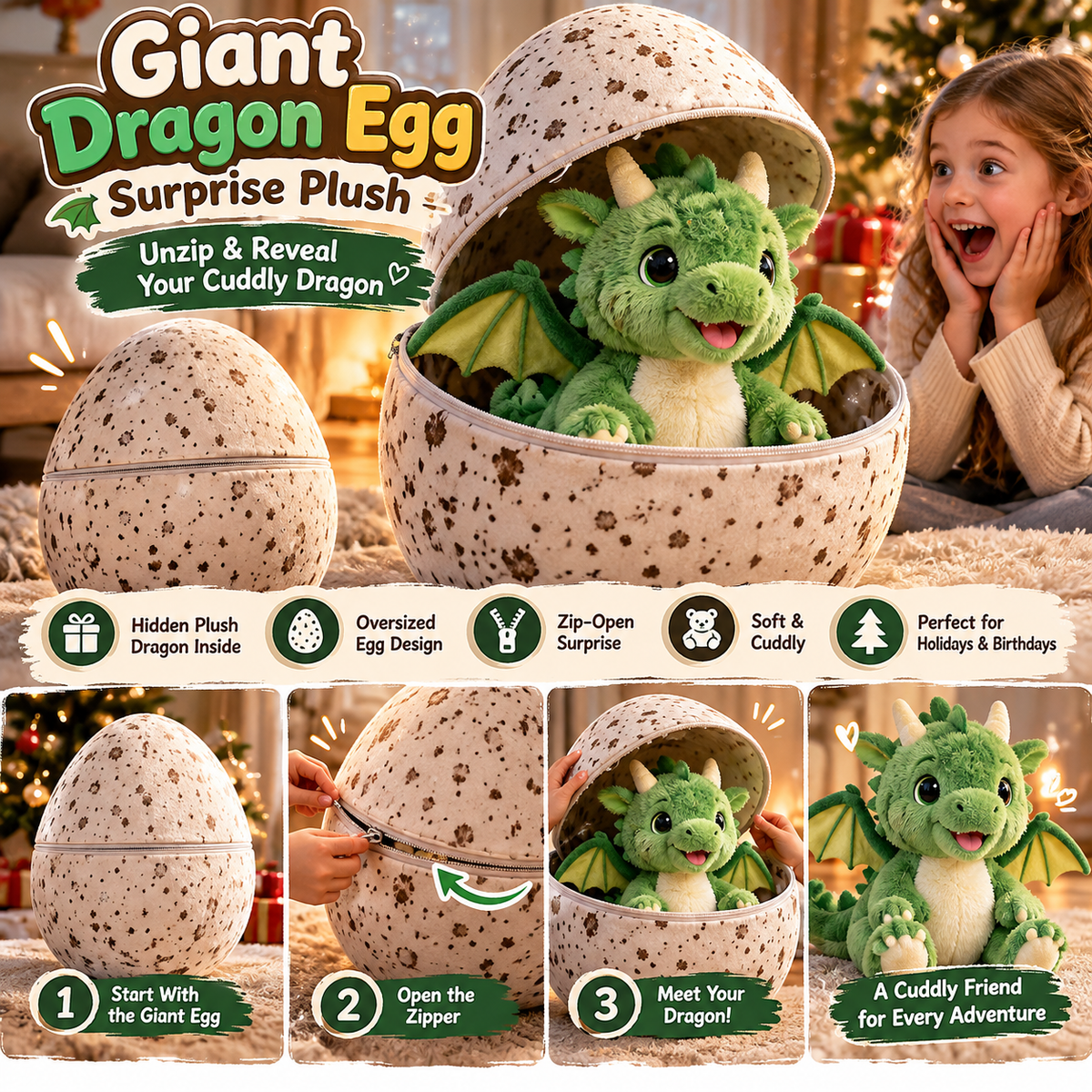 🐉 Giant Dragon Egg Surprise Plush – Unzip & Reveal Your Cuddly Dragon 🥚✨