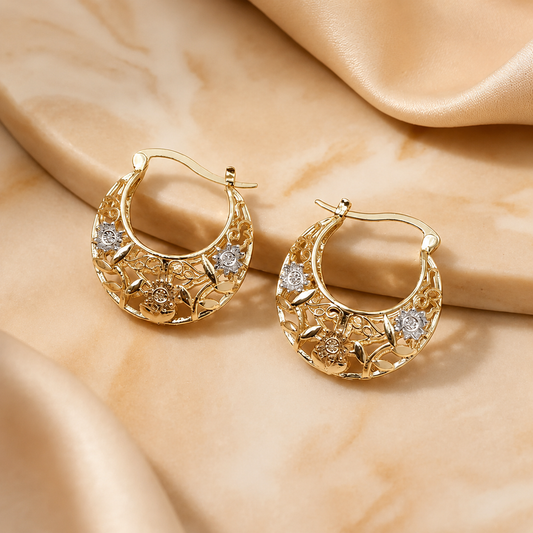 🌸 Vintage 14K Gold Flower Hoop Earrings