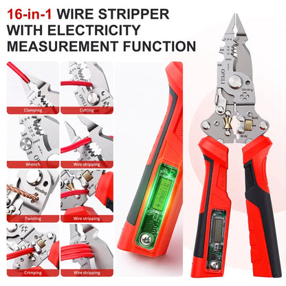 16-in-1 Wire Stripping Pliers, 2026 New Rechargeable Wire Strippers Tool with Voltage Tester&Alarms, Detectable 12-250V, Heavy-Duty Electrical Pliers&Wire Cutters