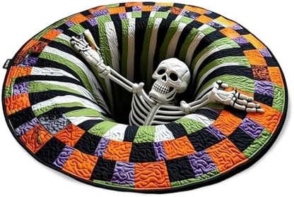 🎃 3D Optical Illusion Skeleton Vortex Quilted Round Halloween Rug