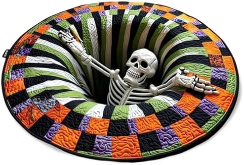 🎃 3D Optical Illusion Skeleton Vortex Quilted Round Halloween Rug