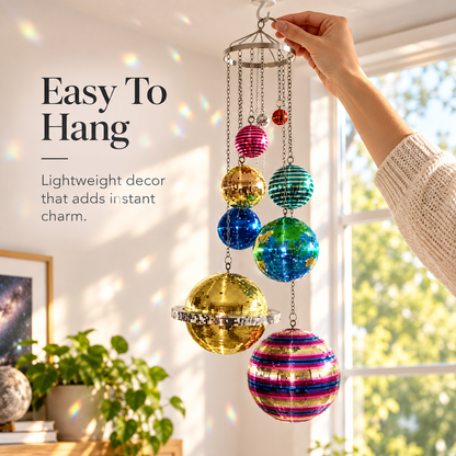 🌈 Solar System Disco Ball Hanging Mobile – Colorful Reflective Celestial Room Decor