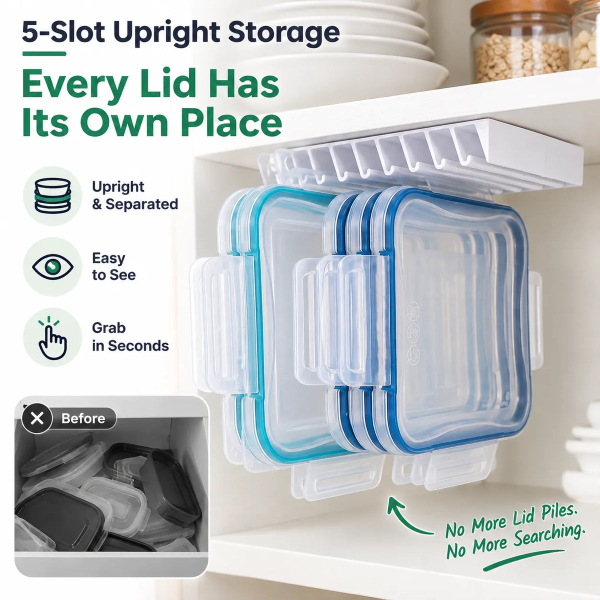 🍱5-Slot Food Container Lid Organizer – 2-Pack