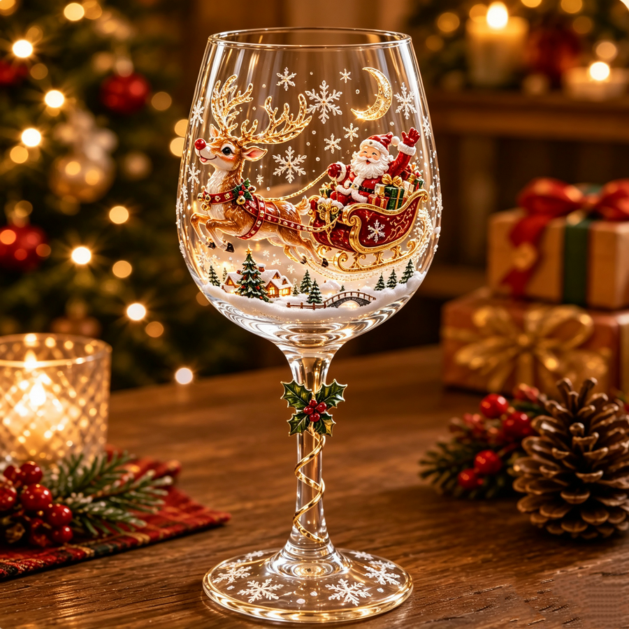 Christmas reindeer and Santa sleigh stemmed wine glass