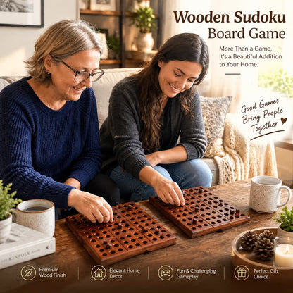 Two adults enjoying wooden Sudoku boards together in a cozy living room