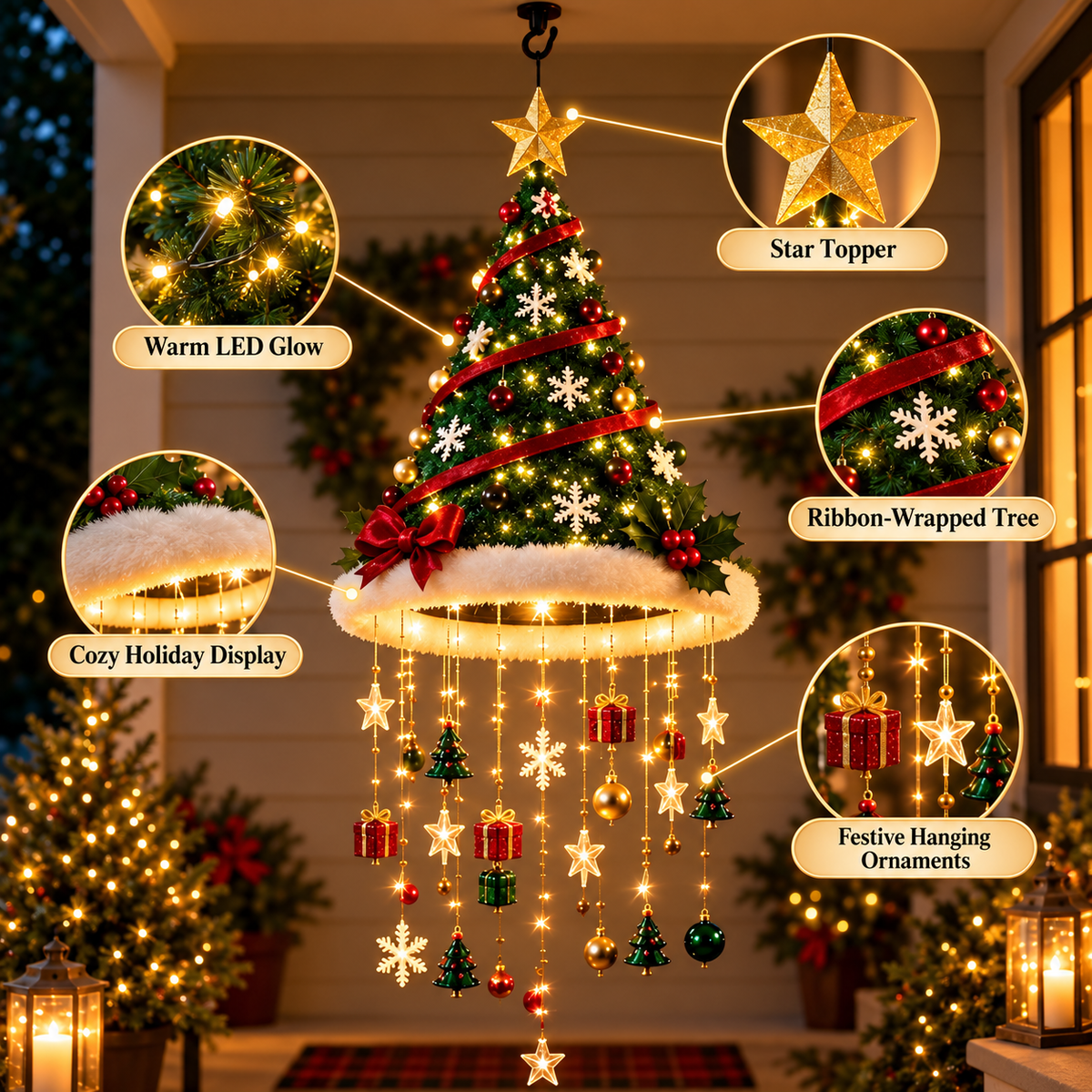 🎄 Lighted Hanging Christmas Tree Chandelier – Warm LED Holiday Porch & Entryway Décor ✨