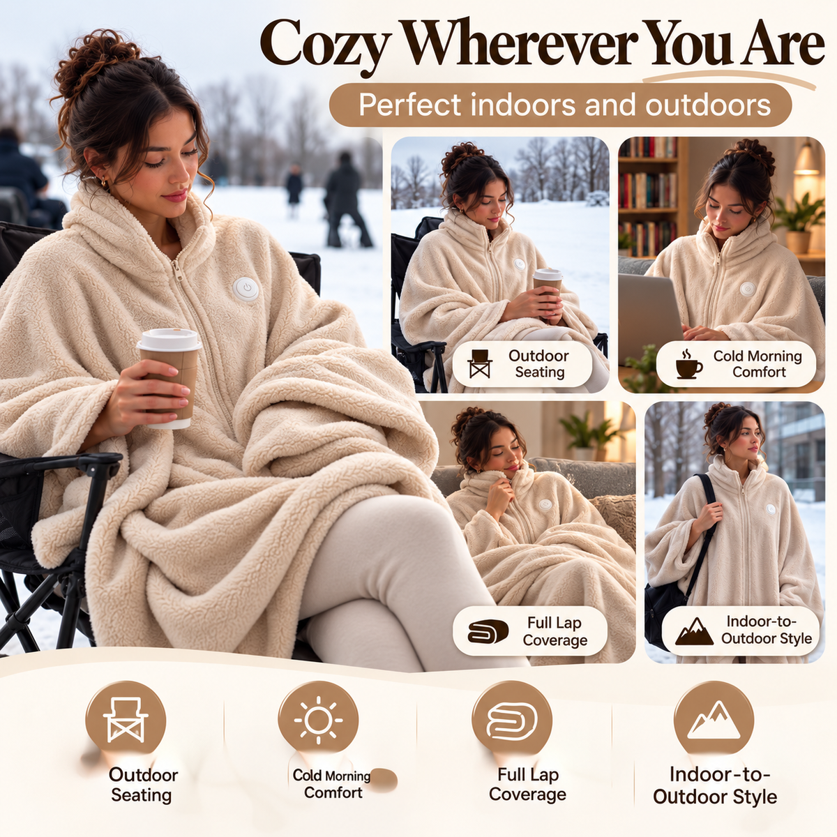 🔥 Wearable Heated Zip-Up Blanket – Ultra-Soft Cozy Winter Shawl